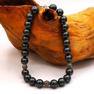 Vintage Gun Metal Green Simulated Pearl & Marcasite Silver Bead Necklace 18 Inch